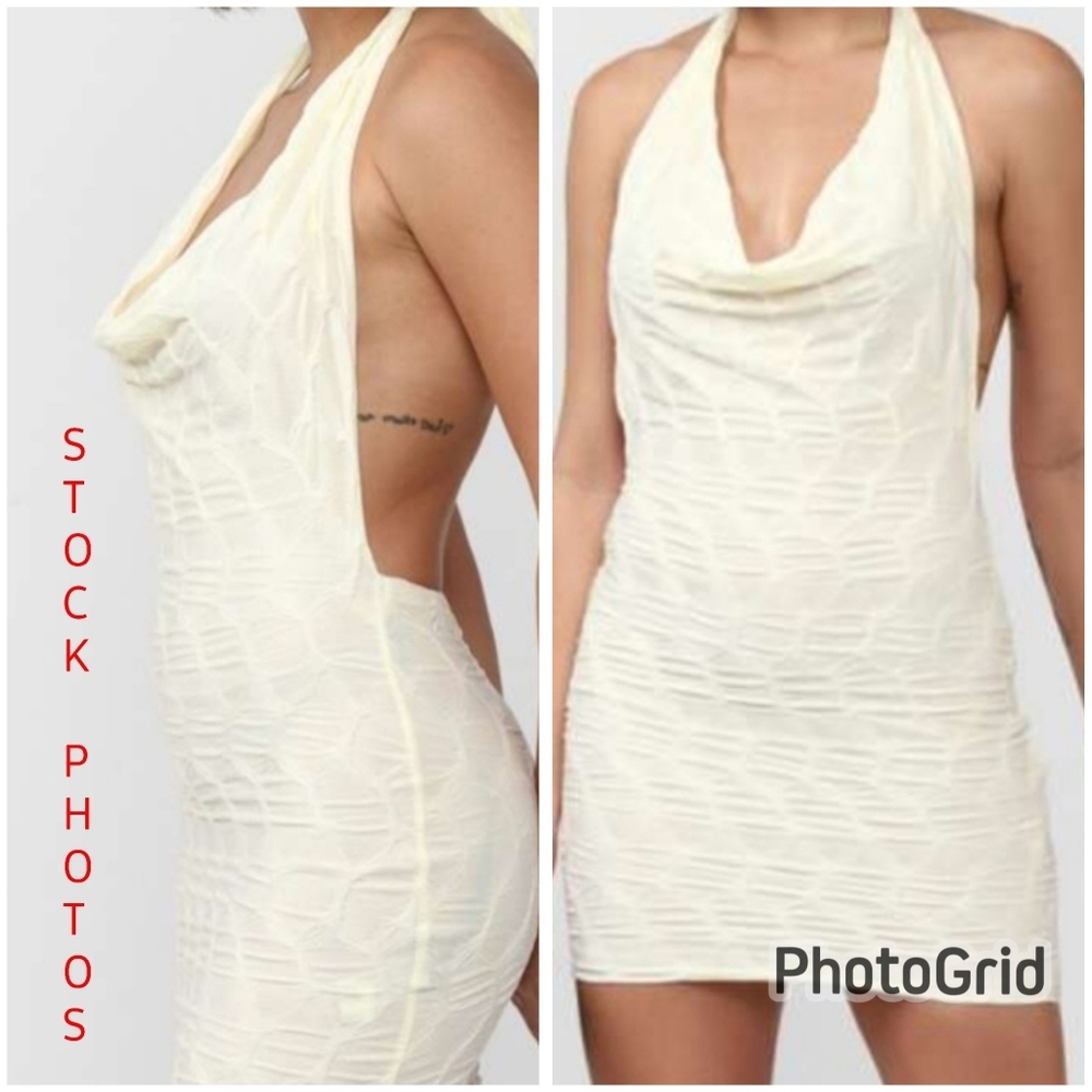 Forever 21 Halter Dress Cowl Neck Mini Open Back Bodycon- Sz Lg Ivory/Cream  NWT